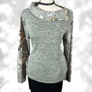 Boho Aesthetic Floral Accent Grey Cowl Neck Sweater